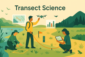Field researchers running a transect survey across wetland, grassland, and forest—using a measuring tape, quadrat, drone, and tablet with map overlays.